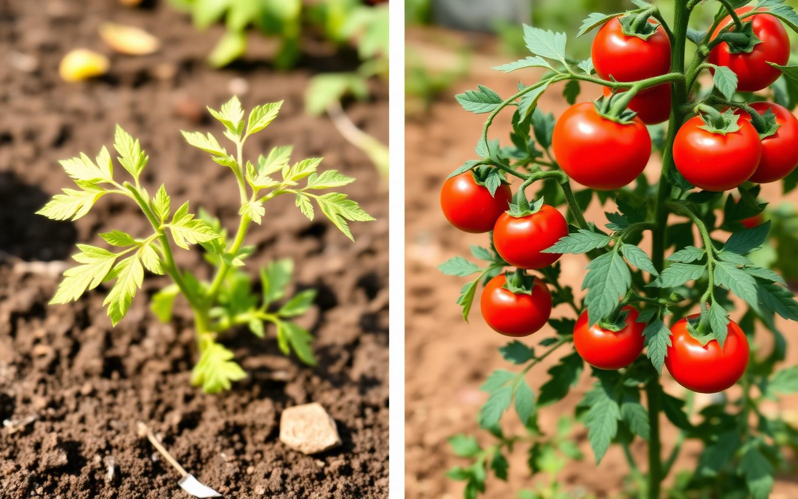 Side by side comparison of a struggling tomato plant versus a lush thriving tomato plant